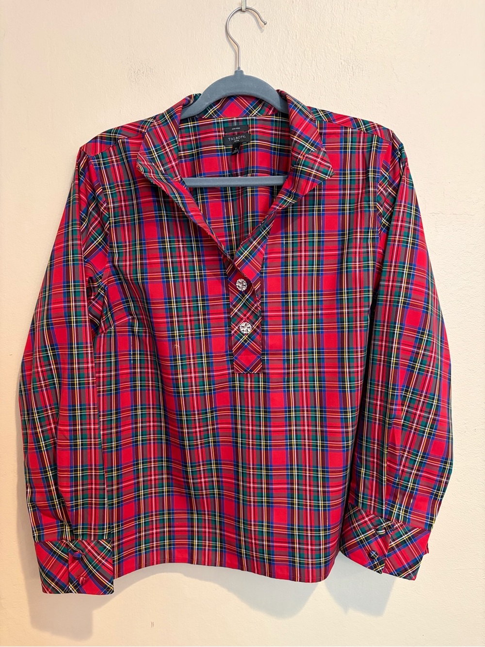 Talbots Red, Green and Blue Plaid Blouse with Sparkly Buttons, size Petite L